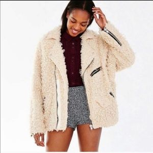 UNiF x UO Poodle Fuzzy Sherpa Cream Colored Moto Zipper Jacket S
